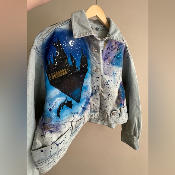 Hand painted New Denim ZARA Jacket size M Custom Harry Potter - Picture 5 of 12